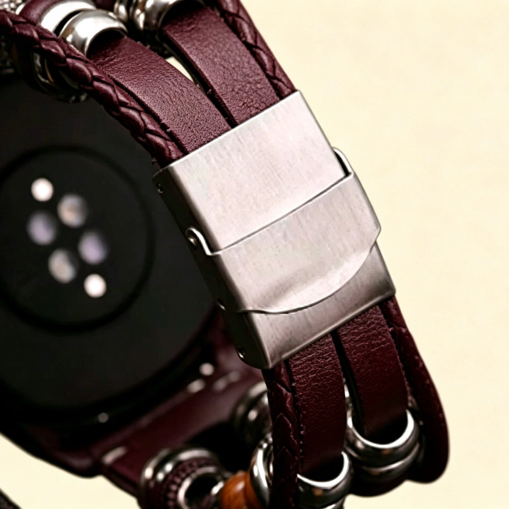 Baroque silver Apple Watch case detail composite — top: back sensor cutout and lug ports close-up; bottom left: case held in hand back view; bottom right: case side profile showing spring hinge