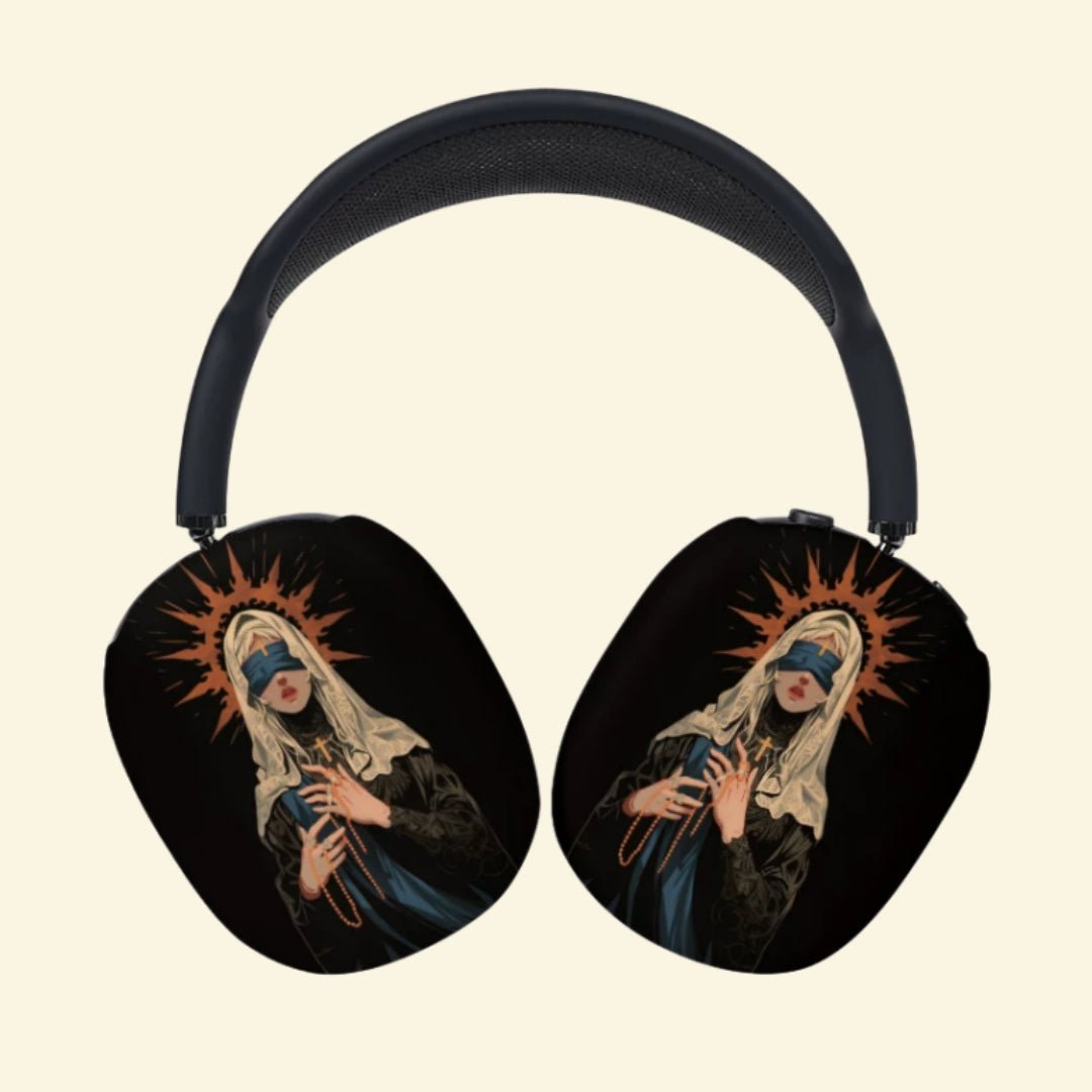 The Sacred Rosary — Blindfolded Madonna Ear Cup Enclosure for AirPods Max (1st & 2nd Gen) - Carapace StudioAirPods Max AccessoriesCarapace StudioCarapace StudioCS-068-ROSARIUM-DEVOTIO-BThe Sacred Rosary AirPods Max ear cup cover - side angle view
