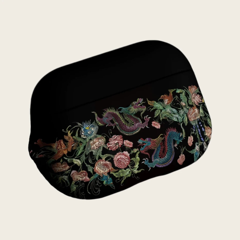 The Imperial Dragon — Vintage Dragon & Botanical Embroidery Hard Case for AirPods Pro 3 & AirPods 4 - Carapace StudioAirPods CaseCarapace StudioCarapace StudioAirPods Pro 3Imperial Dragon AirPods case angled view