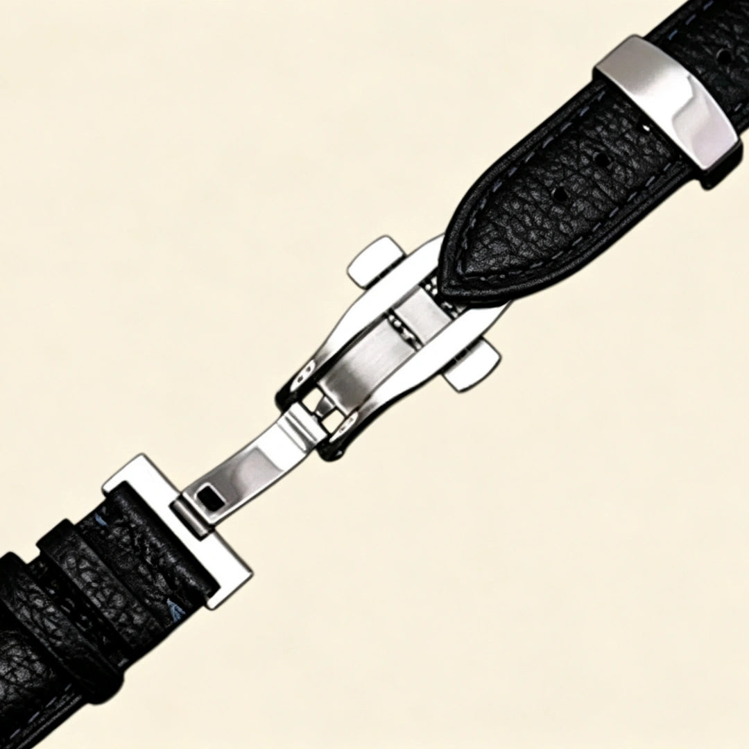 Baroque gunmetal black Apple Watch case — standalone three-quarter floating view showing full filigree scrollwork bezel with dark oxidized finish, cream background