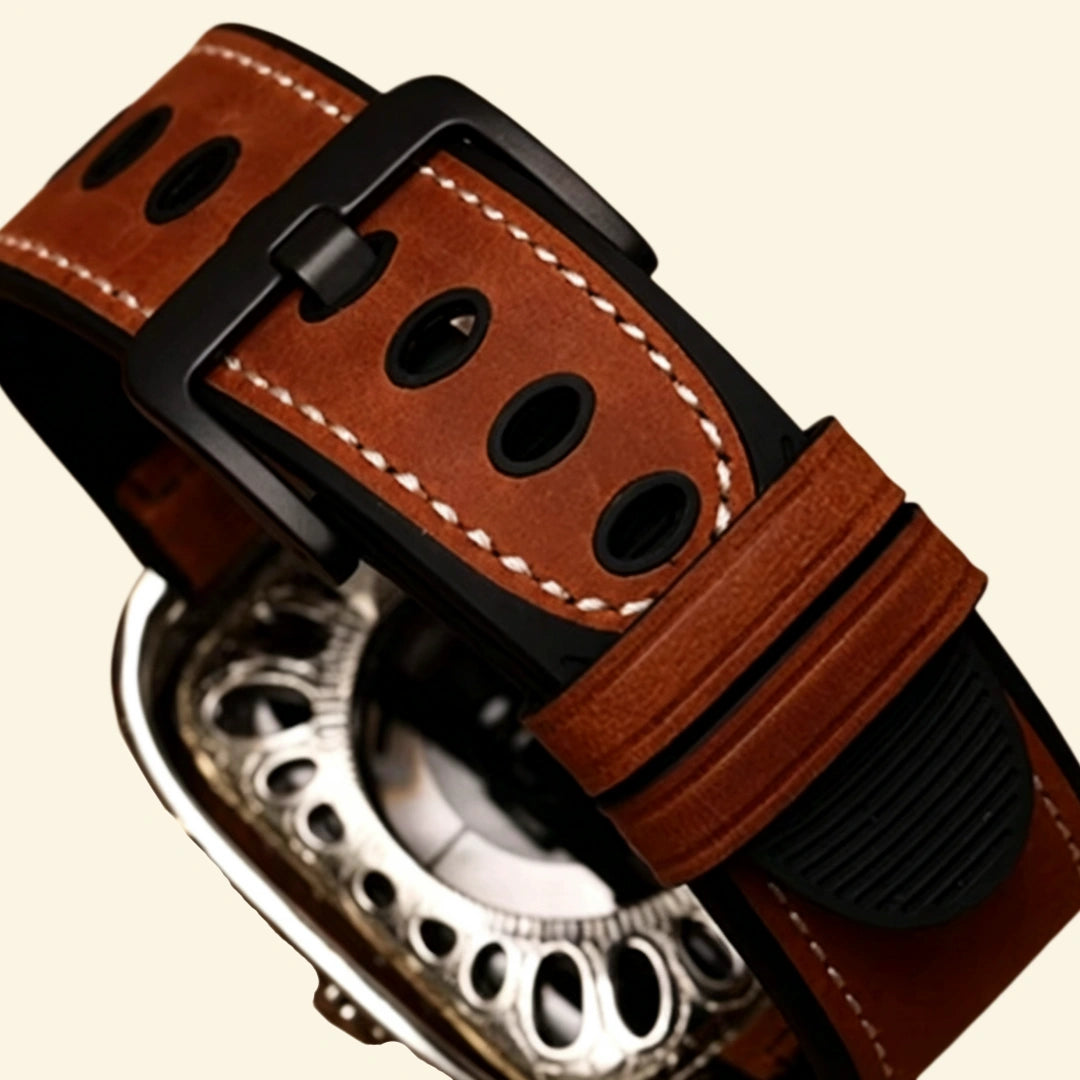 Baroque silver case detail composite — scrollwork side profile (top) and spring hinge with sensor dome close-up (bottom), brown leather strap