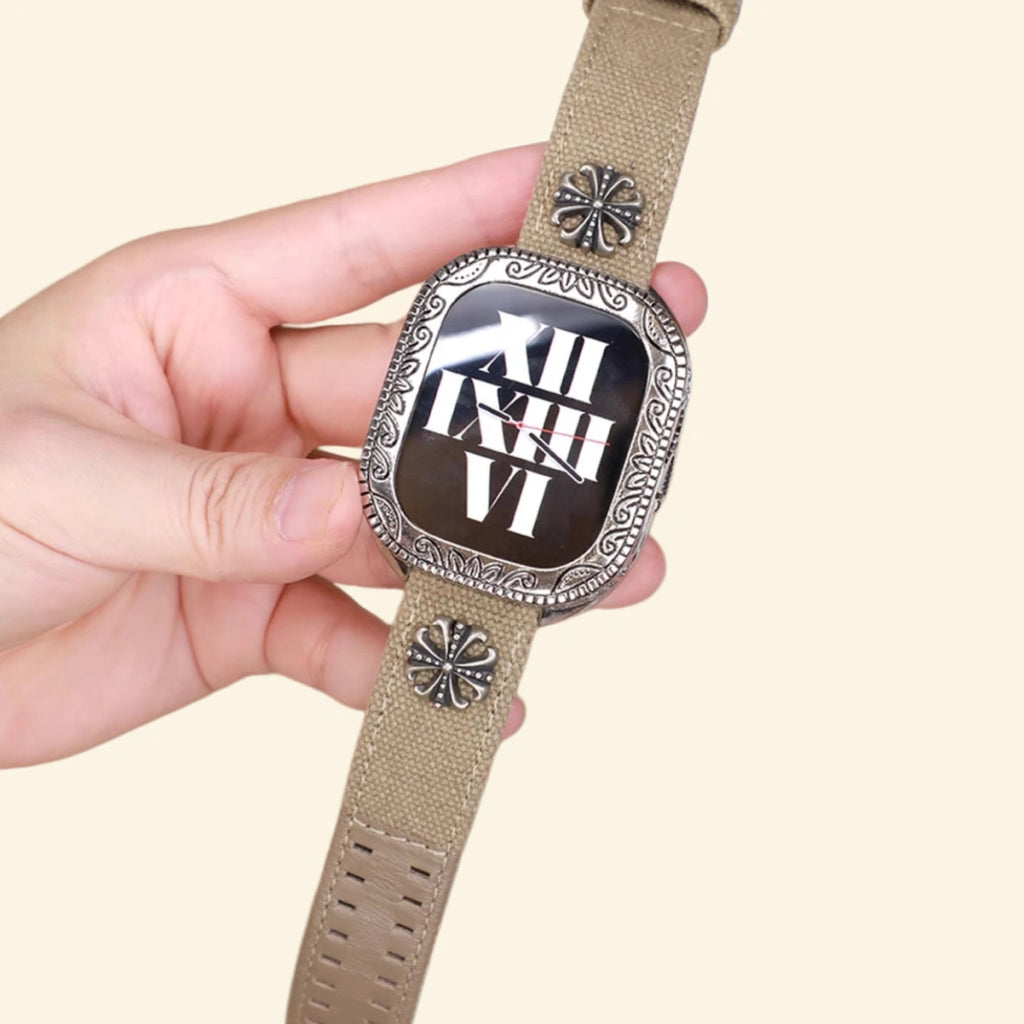 Baroque Archival Suite hand-held — silver engraved case with khaki canvas strap, side profile and sensor cutout detail