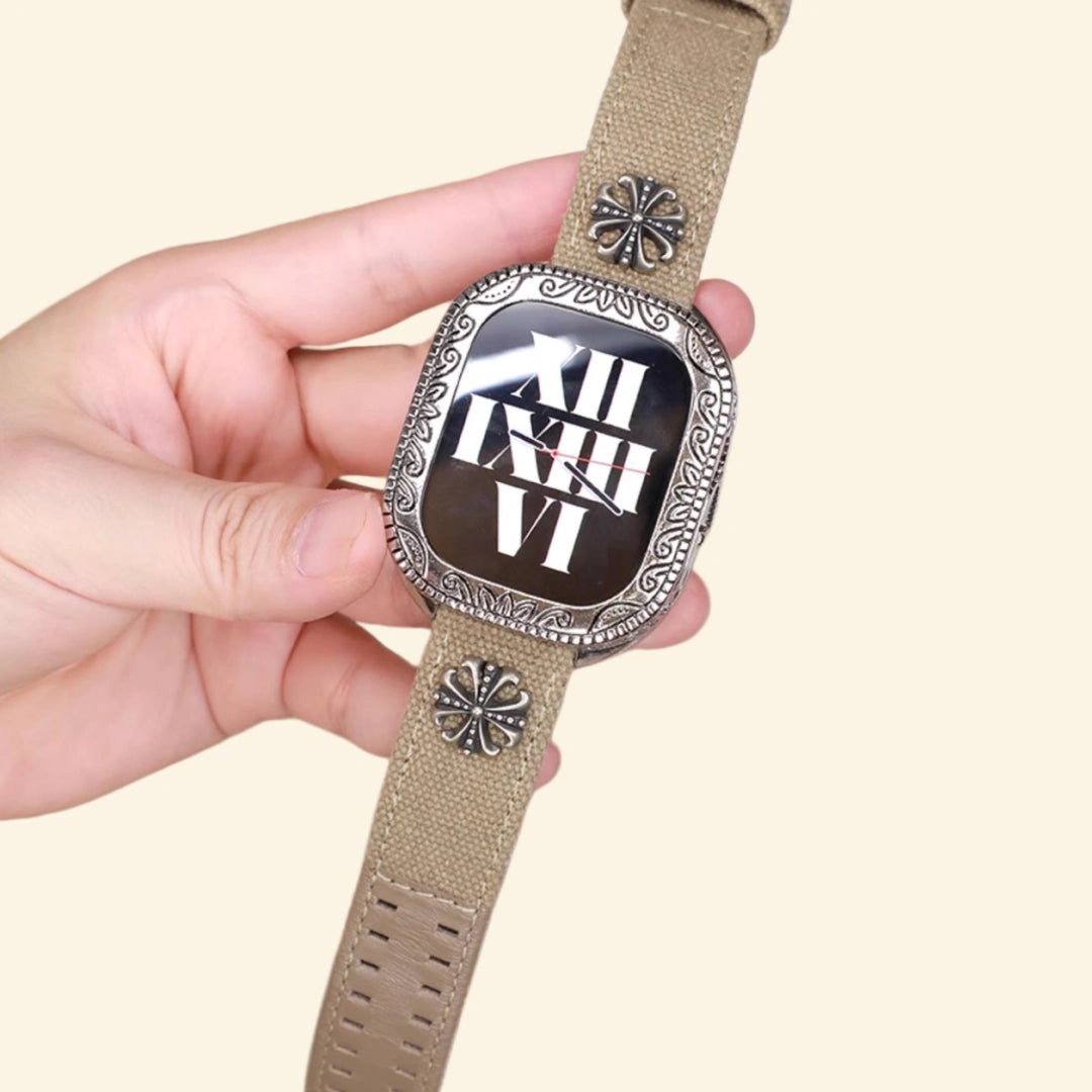 Baroque Archival Suite hand-held — silver engraved case with khaki canvas strap, side profile and sensor cutout detail