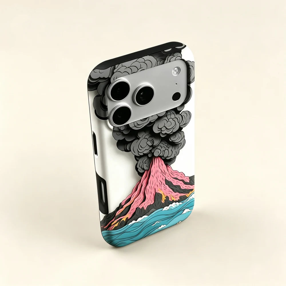 Volcanic Eruption MagSafe Phone Case – close-up of smoke plume detail around camera cutout