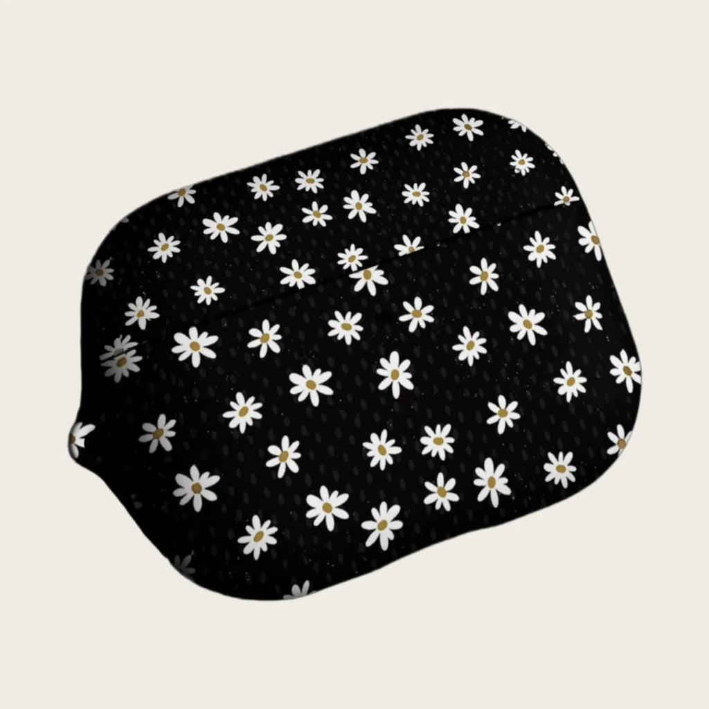 The Obsidian Daisy — Vintage White Floral Pattern Hard Case for AirPods Pro 3 & AirPods 4 - Carapace StudioAirPods CaseCarapace StudioCarapace StudioAirPods Pro 3Obsidian Daisy AirPods case with lid open