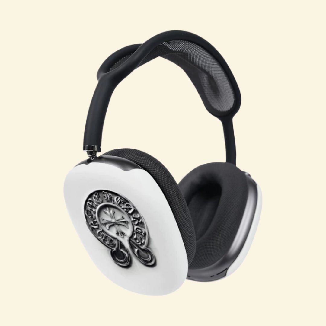 The Sanctum Horseshoe — Gothic Cross Ear Cup Enclosure for AirPods Max (1st & 2nd Gen) - Carapace StudioAirPods Max AccessoriesCarapace StudioCarapace StudioCS-027-CRUCIFIX-HORSESHOE-V3The Sanctum Horseshoe — front view showing both ear cups with gothic horseshoe and floral cross design on chalk white
