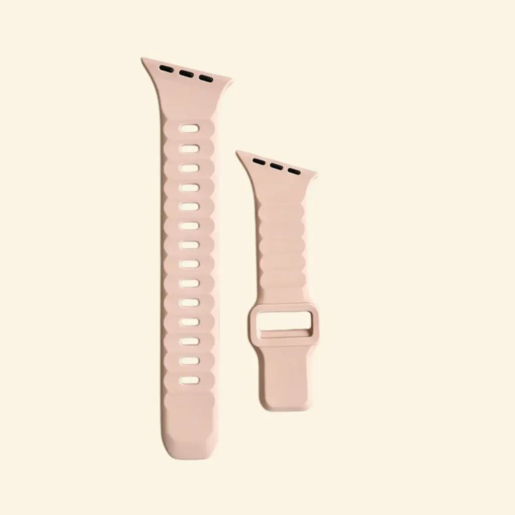 Pale Quartz Ocean Wave Silicone Apple Watch Band — Specimen No. 7589 - Carapace StudioApple Watch BandCarapace StudioCarapace StudioCS-7589-QTZ-1Apple Watch Ultra 3 (49mm)Pale Quartz Ocean Wave Apple Watch Band — flat lay with watch and band components