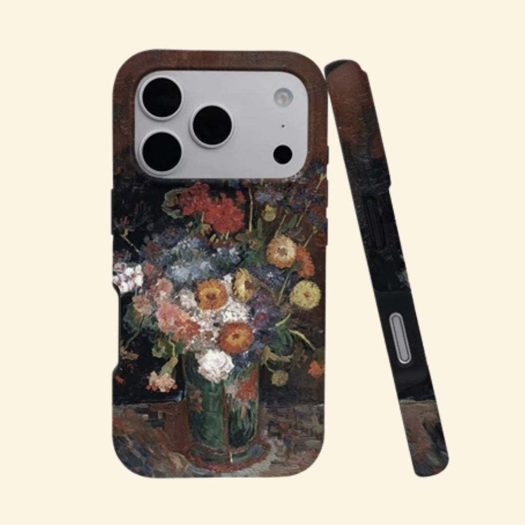 The Artist’s Vase – Impressionist Floral Bouquet Fine Art iPhone Case - Carapace StudioPhone CaseCarapace StudioCarapace StudioCS-3929-ARTISTS-VASE-1iPhone 17 Pro MaxThe Artist's Vase case – angled floating view showing impressionist wildflower bouquet in glazed vase with warm rust and indigo brushstrokes