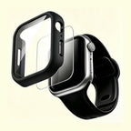 The Velvet Armor Pitch Black Matte – exploded view showing case, glass, and Apple Watch