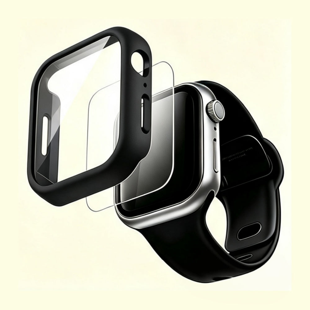 The Velvet Armor Pitch Black Matte – exploded view showing case, glass, and Apple Watch