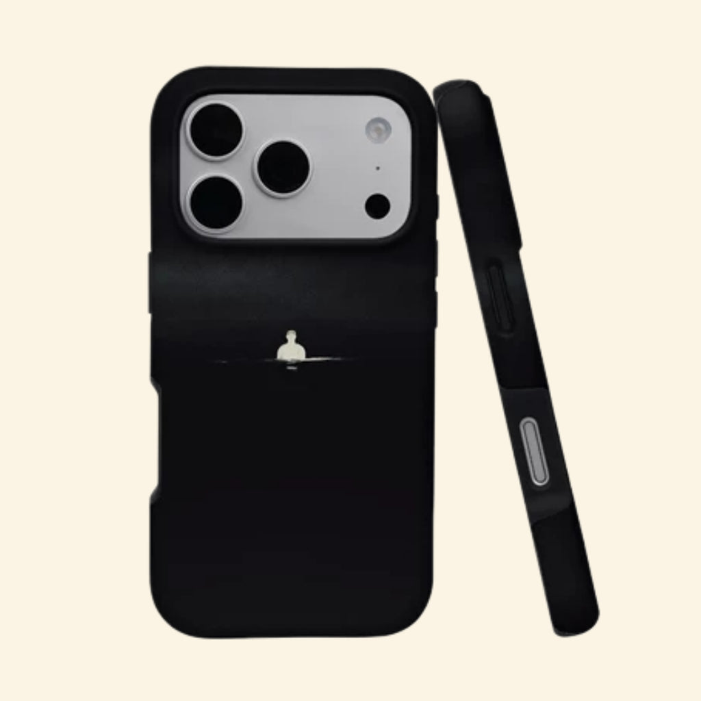 The Silent Void case – angled top floating view showing solitary white silhouette emerging from pitch-black dark waters