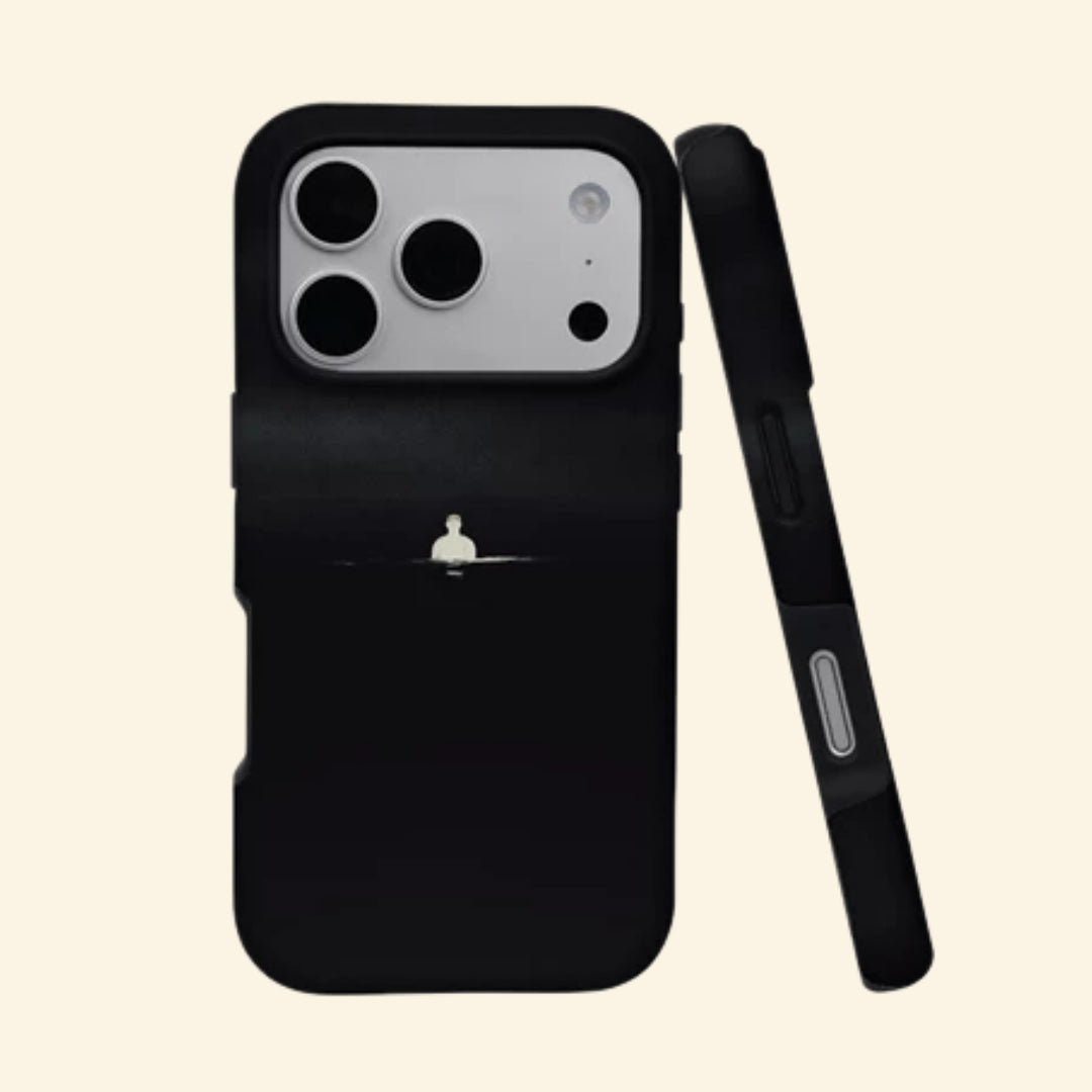 The Silent Void case – angled top floating view showing solitary white silhouette emerging from pitch-black dark waters