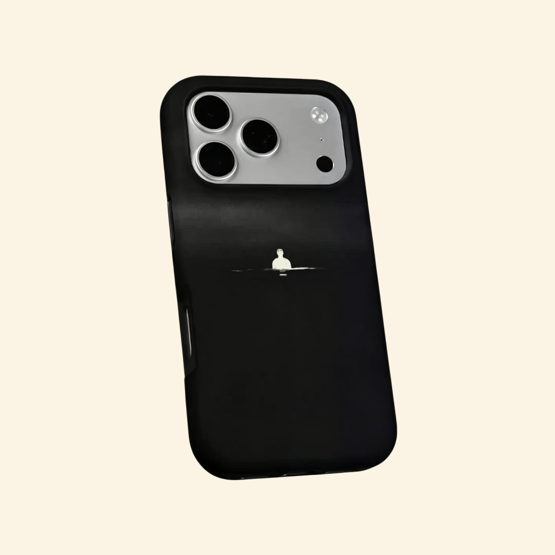 The Silent Void case – angled floating side view showing lone silhouette and ultra-deep matte black void
