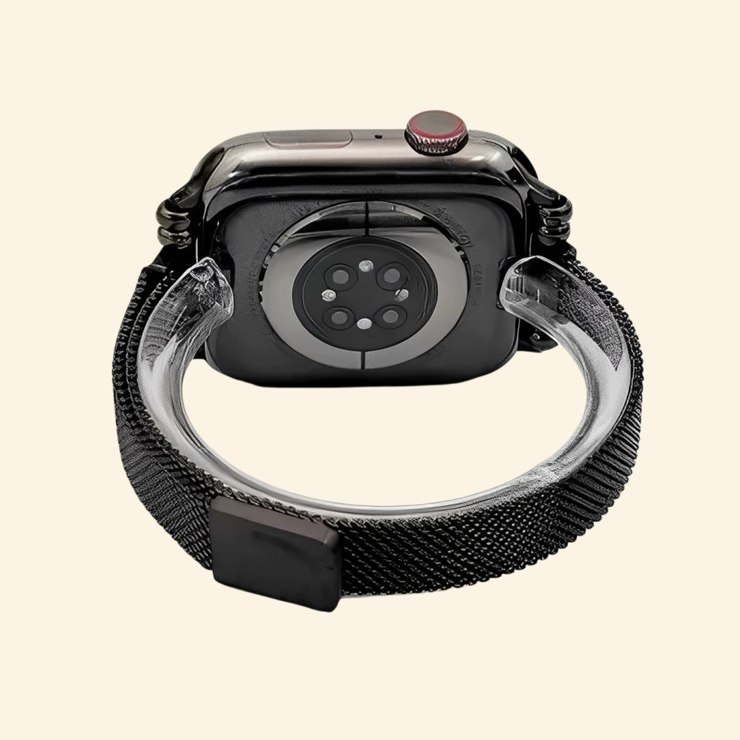Obsidian Black Milanese Mesh Band with Vintage Lugs for Apple Watch - Carapace StudioWatch BandCarapace StudioCarapace StudioCS-5646-OBS-MIL-1Apple Watch Ultra 3 (49mm)Obsidian Milanese Mesh Band — rear connector and mesh detail on Apple Watch