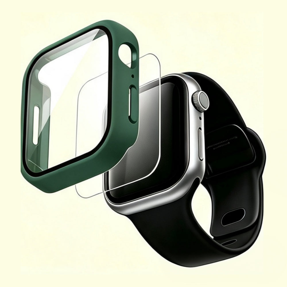 The Velvet Armor Forest Green Matte – exploded view showing case, glass, and Apple Watch