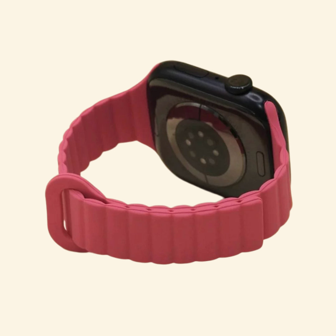 Rose Magenta Magnetic Silicone Band — rear sensor view on Apple Watch