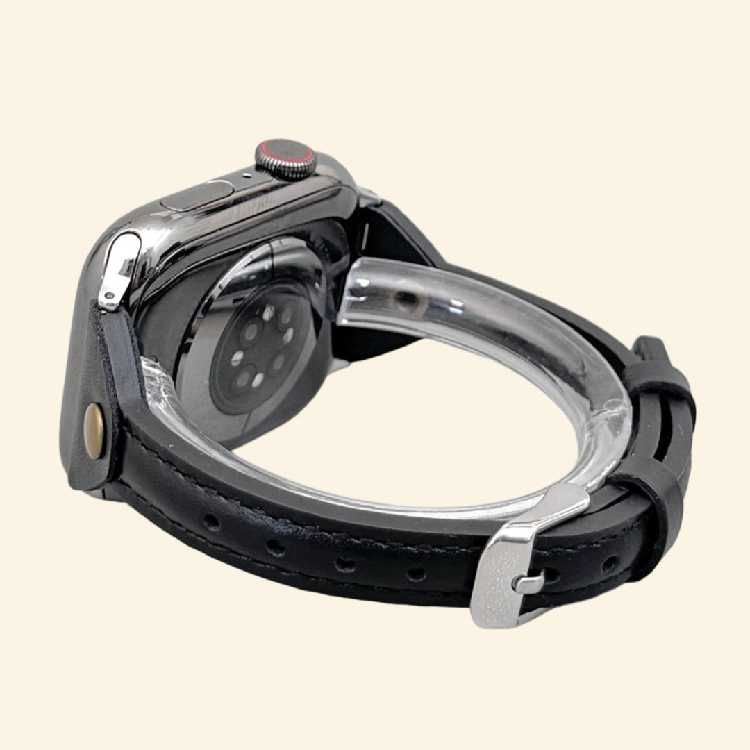 Obsidian Black Leather Band — rear strap detail with stitching and rivet stud