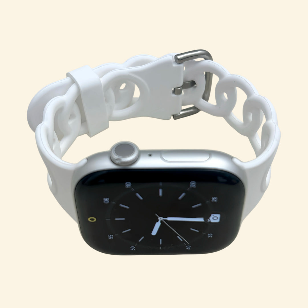 Pure White Cutout Chain Link Silicone Band — front face view on Apple Watch