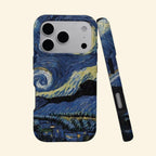 The Celestial Swirl case – angled top floating view showing Van Gogh Starry Night swirling cobalt sky and luminous gold crescent over village