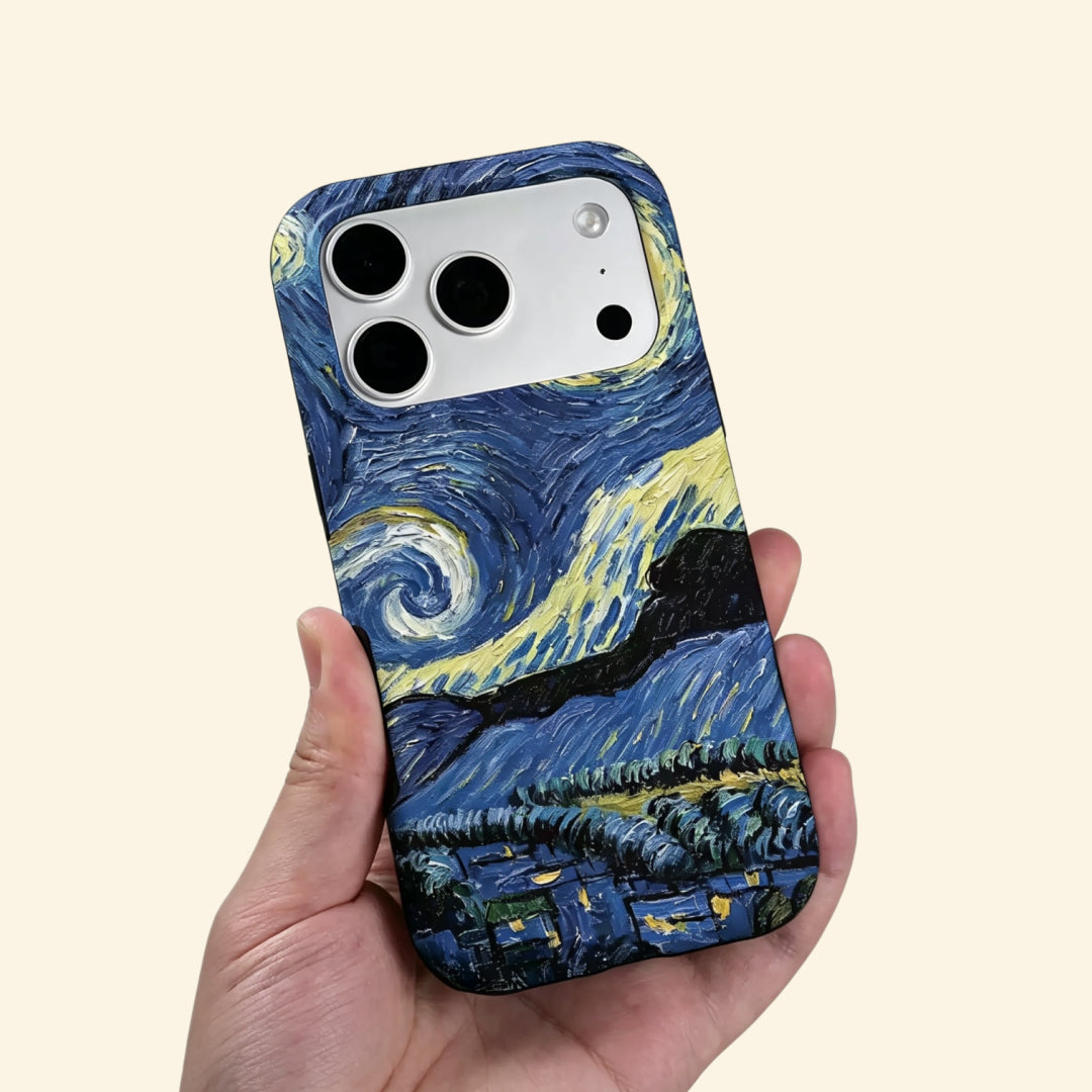The Celestial Swirl case – low-angle side view showing camera island surrounded by Starry Night impasto brushstroke detail