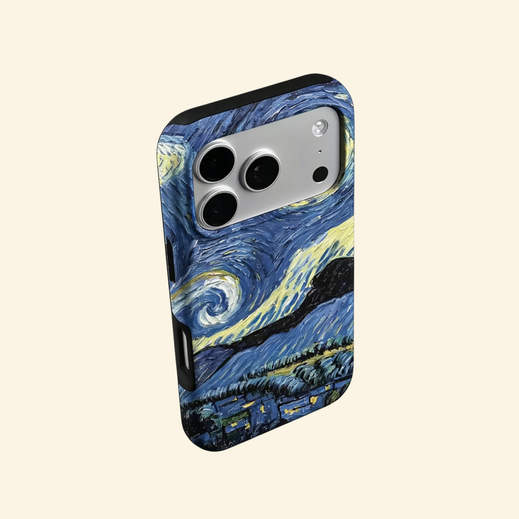 The Celestial Swirl case – front flat lay with side profile showing full Starry Night artwork and dual-layer shell
