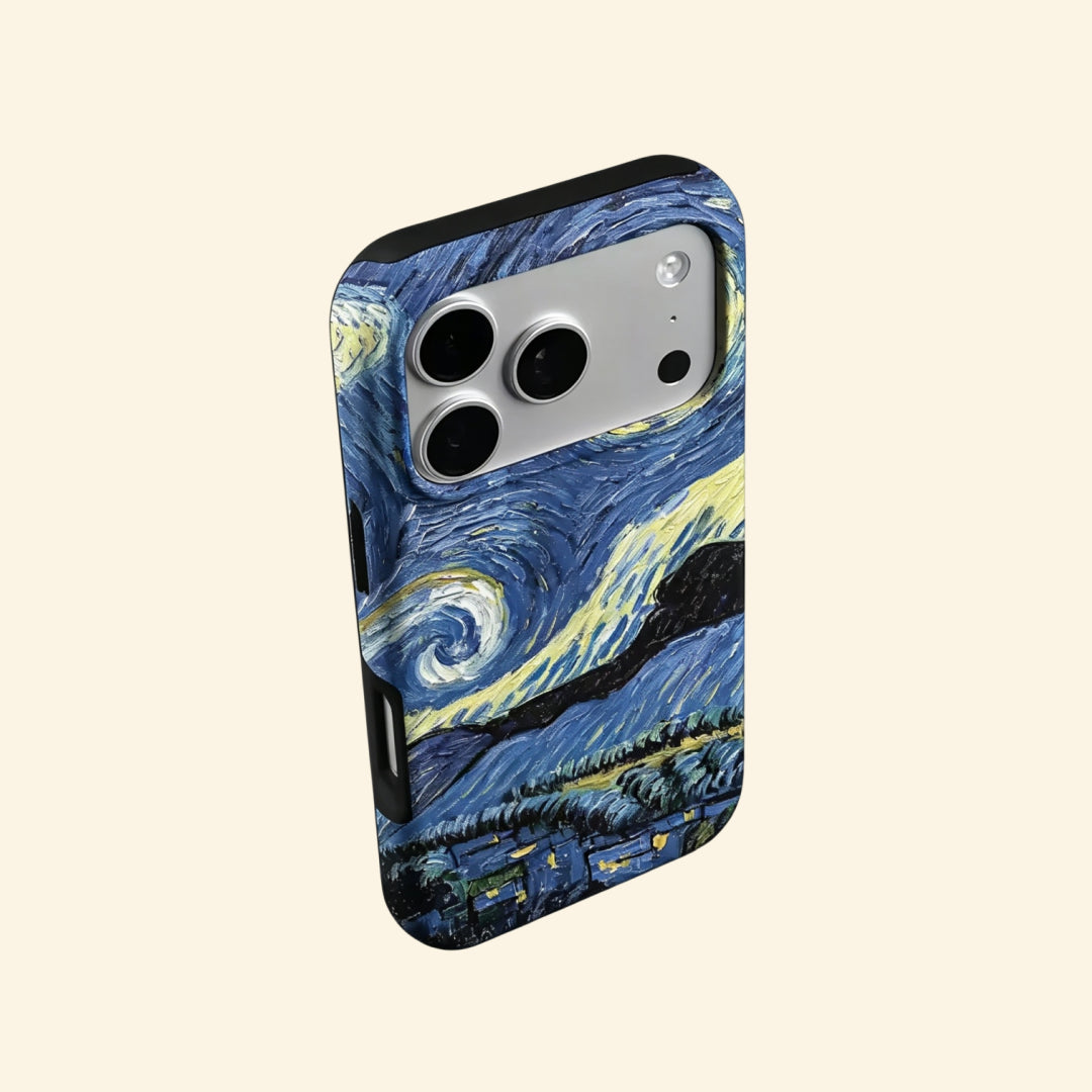 The Celestial Swirl case – front flat lay with side profile showing full Starry Night artwork and dual-layer shell