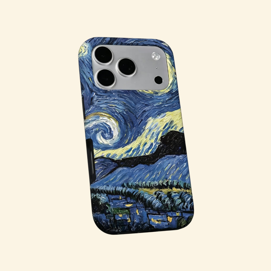 The Celestial Swirl case – hand-held lifestyle shot showing full Van Gogh Starry Night swirling sky and village