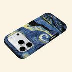The Celestial Swirl case – second angled floating view showing rich cobalt and indigo impasto brushstroke texture