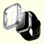 The Velvet Armor Titanium Silver Matte – exploded view showing case, glass, and Apple Watch