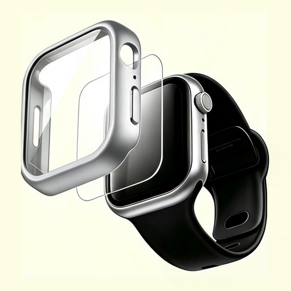 The Velvet Armor Titanium Silver Matte – exploded view showing case, glass, and Apple Watch