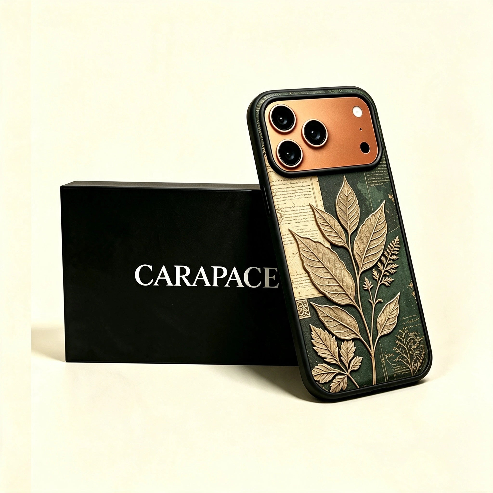 The Laurus Specimen — Archival Parchment & Emerald Leaf Enclosure for iPhone 17 Pro Max