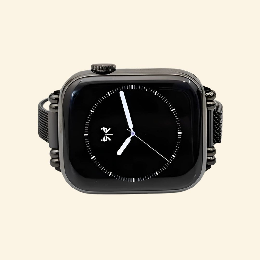 Obsidian Black Milanese Mesh Band with Vintage Lugs for Apple Watch - Carapace StudioWatch BandCarapace StudioCarapace StudioCS-5646-OBS-MIL-1Apple Watch Ultra 3 (49mm)Obsidian Milanese Mesh Band — front face view on Apple Watch