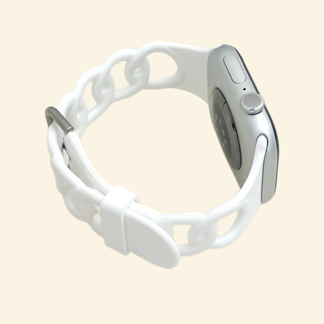 Pure White Cutout Chain Link Silicone Band — rear sensor view on Apple Watch