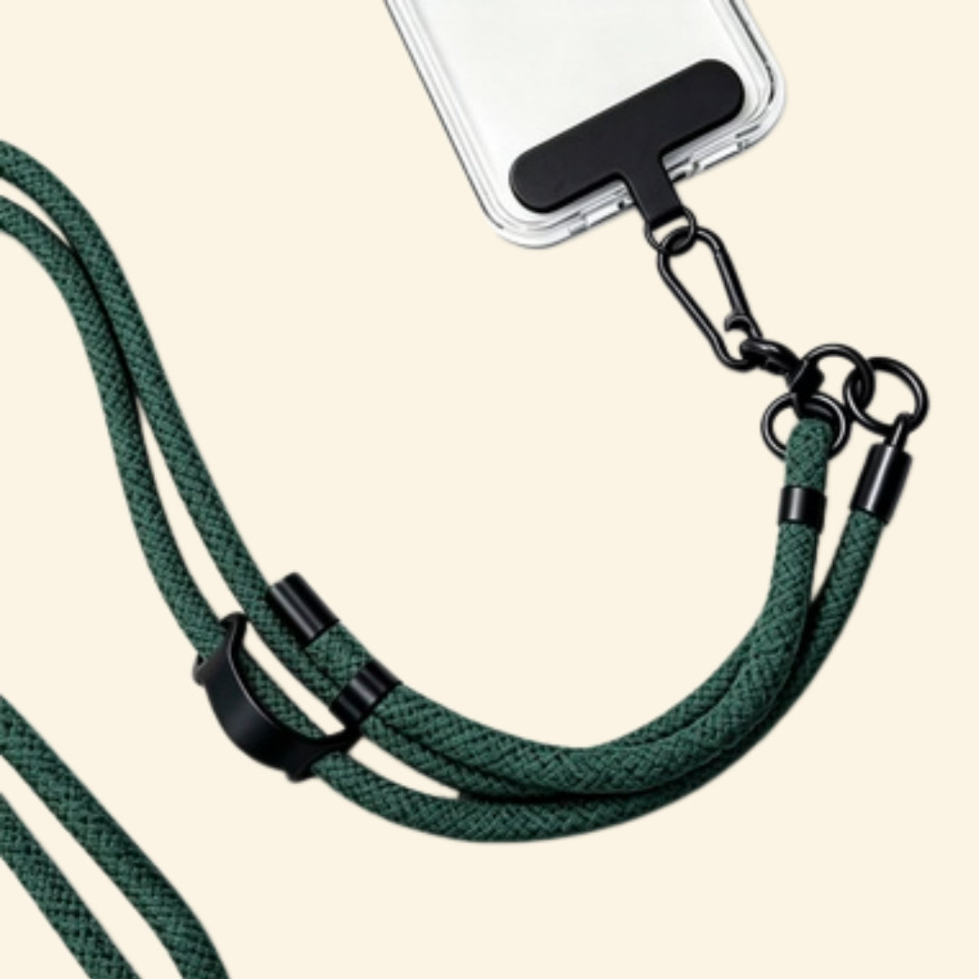 The Core Cord Forest Green – lanyard attached to phone case detail view
