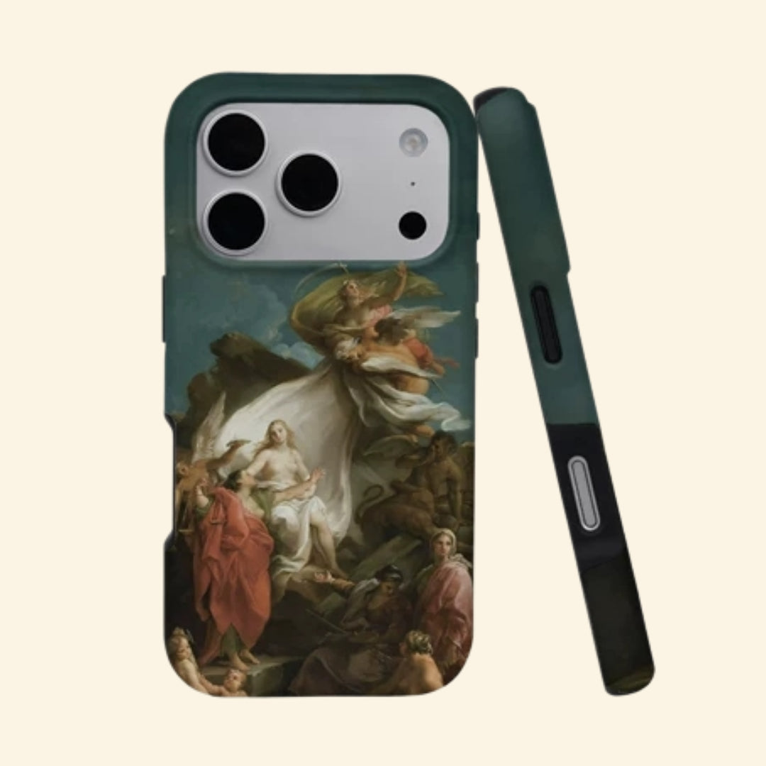 The Divine Allegory case – angled top floating view showing Baroque mythological scene with classical figures and winged cupids on teal-tinted sky