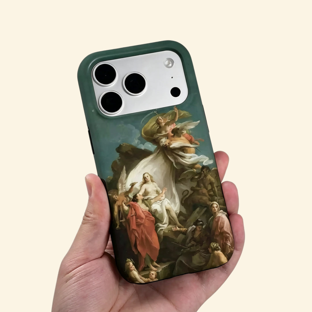 The Divine Allegory case – low-angle side view showing camera island and cascading silk drapery with terracotta and gold detail