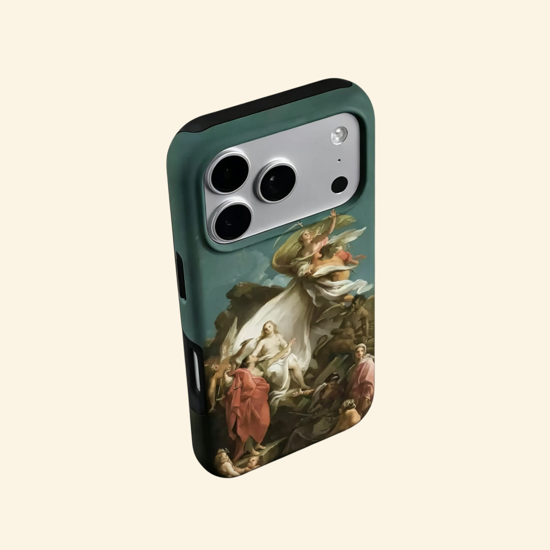 The Divine Allegory case – front flat lay with side profile showing full Baroque fresco artwork and dual-layer shell