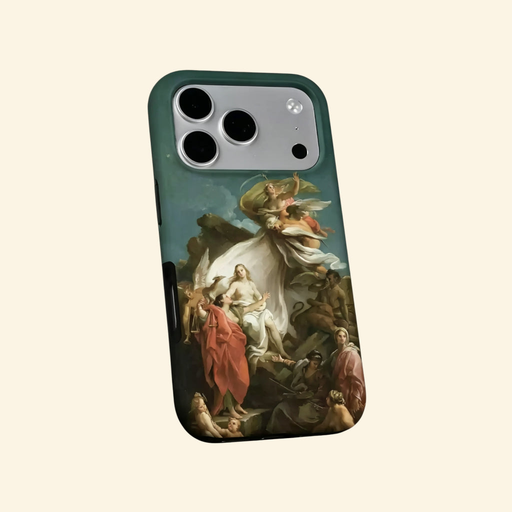 The Divine Allegory case – hand-held lifestyle shot showing full classical mythology Baroque allegory with cupids and draped figures