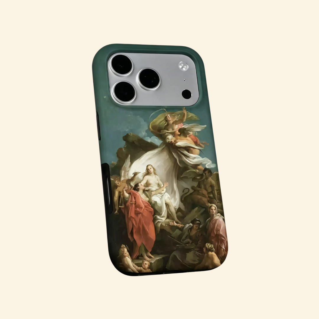 The Divine Allegory case – hand-held lifestyle shot showing full classical mythology Baroque allegory with cupids and draped figures