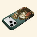 The Divine Allegory case – second angled floating view showing rich oil paint glaze and sage green teal sky depth
