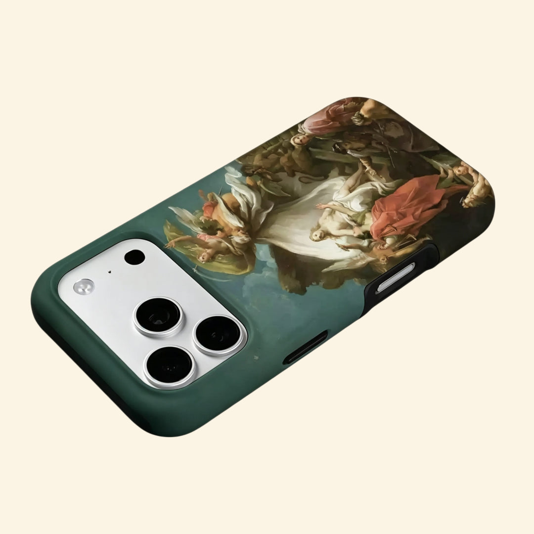 The Divine Allegory case – second angled floating view showing rich oil paint glaze and sage green teal sky depth
