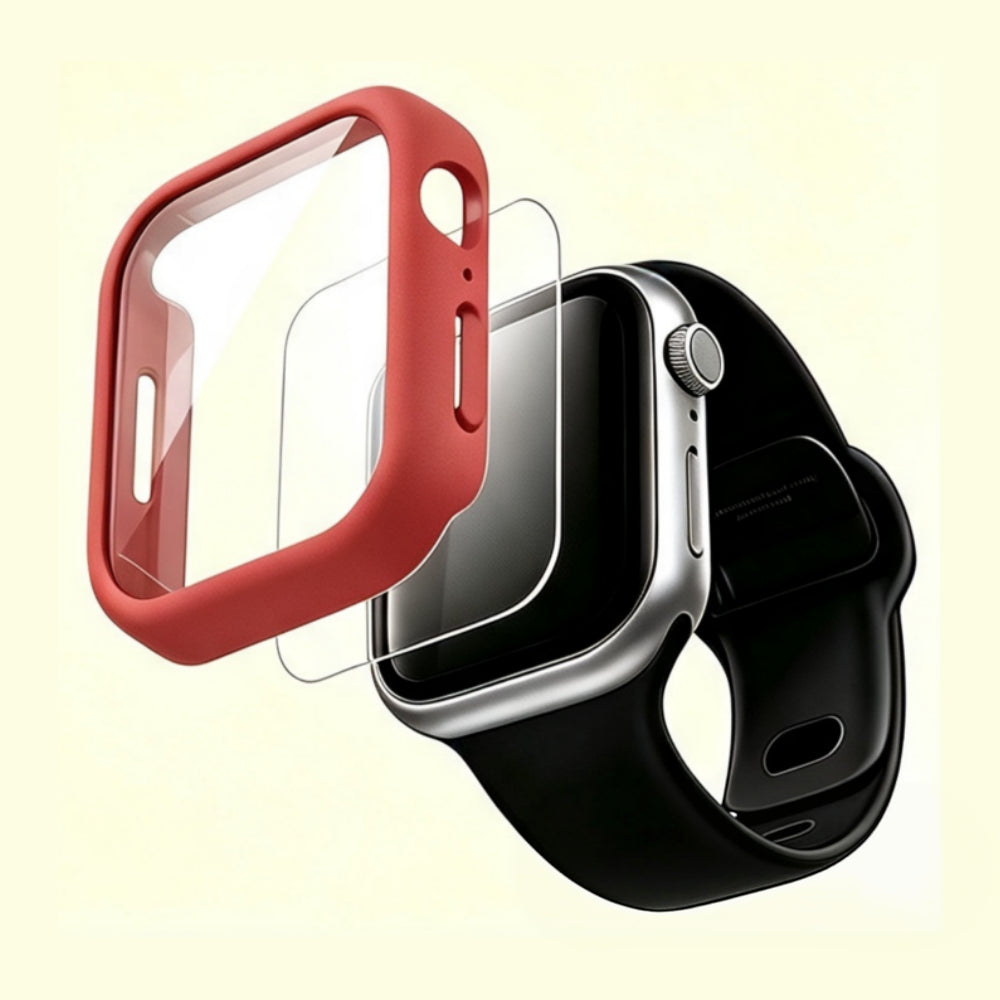 The Velvet Armor Crimson Red Matte – exploded view showing case, glass, and Apple Watch