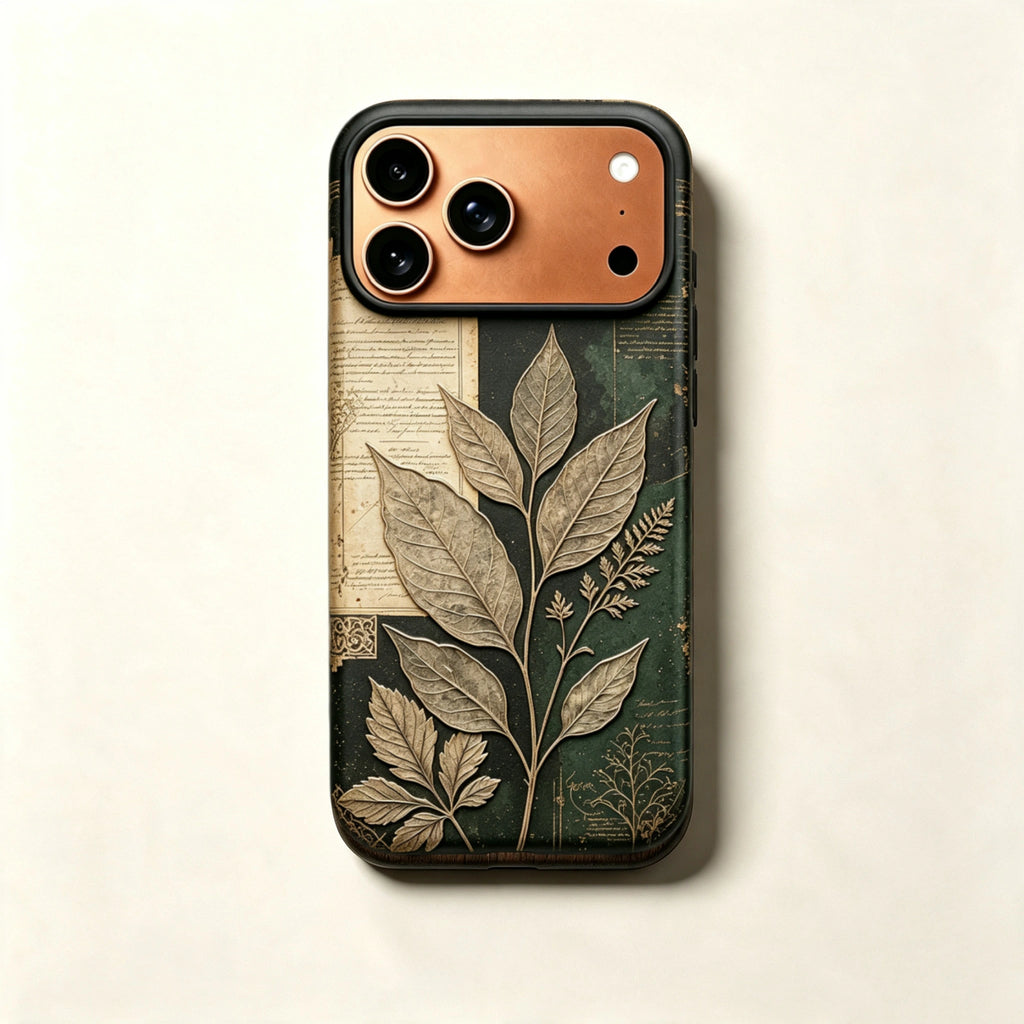 The Laurus Specimen — Archival Parchment & Emerald Leaf Enclosure for iPhone 17 Pro Max