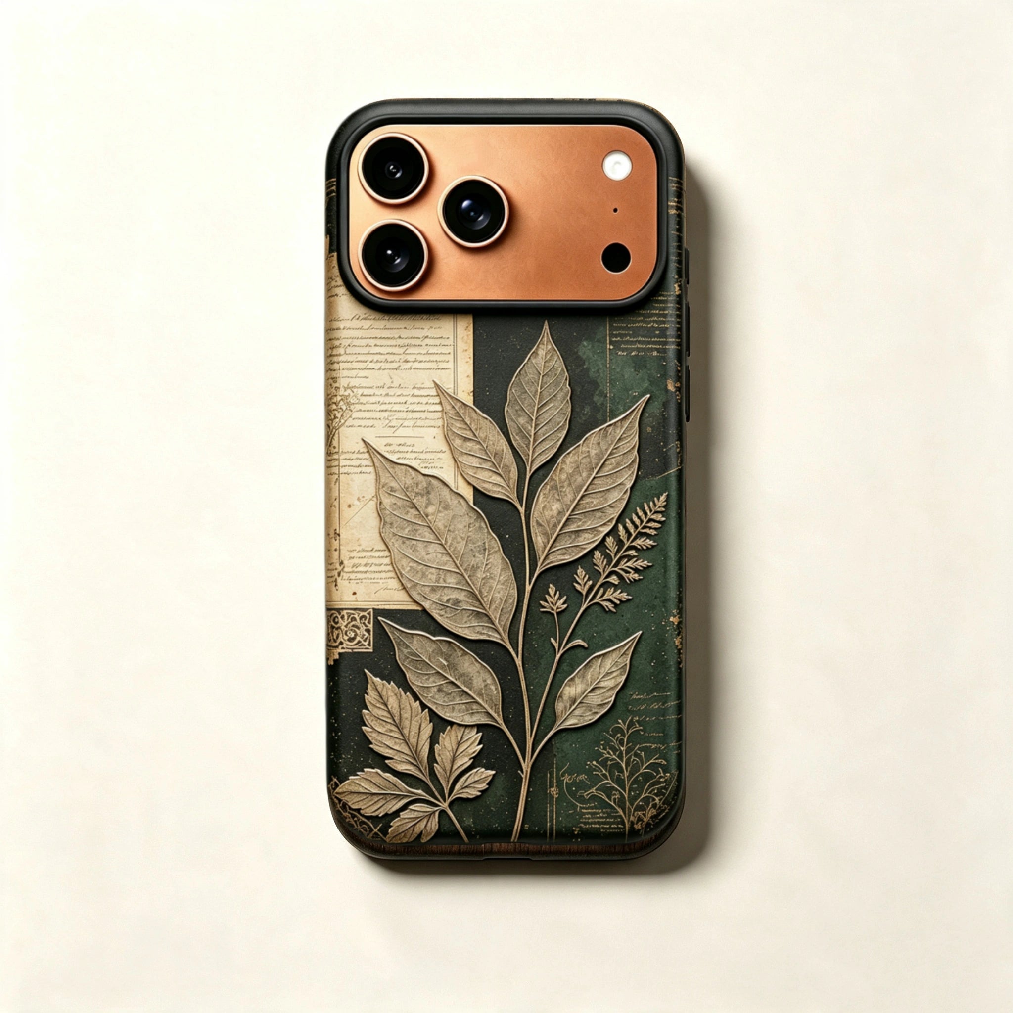 The Laurus Specimen — Archival Parchment & Emerald Leaf Enclosure for iPhone 17 Pro Max
