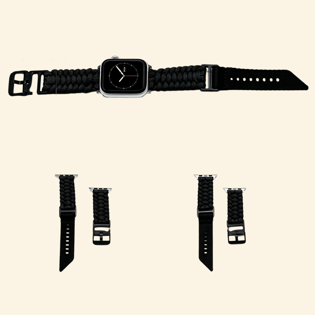 Stealth Black Paracord Braided Apple Watch Band — front-facing view on watch with all-black hardware, Specimen No. 10010