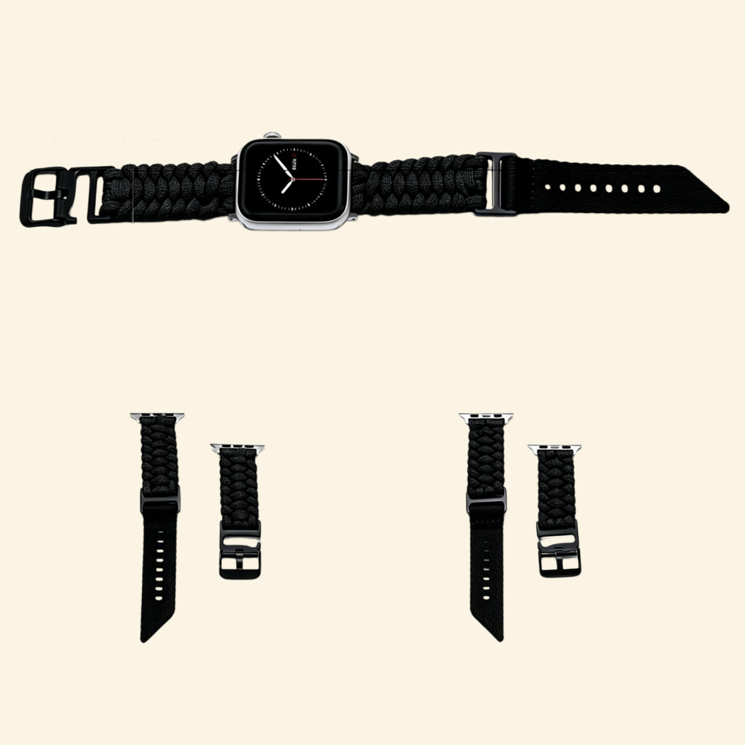Stealth Black Paracord Braided Apple Watch Band — front-facing view on watch with all-black hardware, Specimen No. 10010