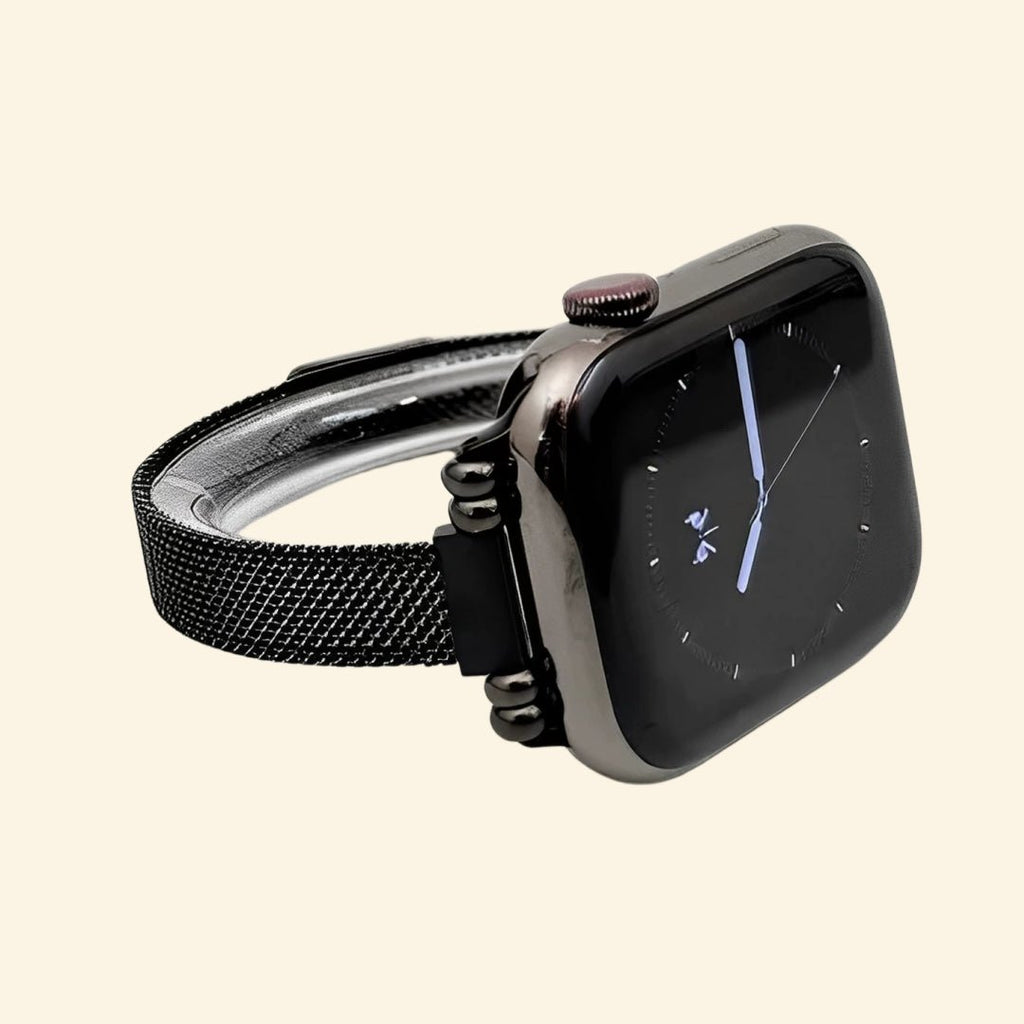 Obsidian Black Milanese Mesh Band with Vintage Lugs for Apple Watch - Carapace StudioWatch BandCarapace StudioCarapace StudioCS-5646-OBS-MIL-1Apple Watch Ultra 3 (49mm)Obsidian Milanese Mesh Band — angled side profile on Apple Watch