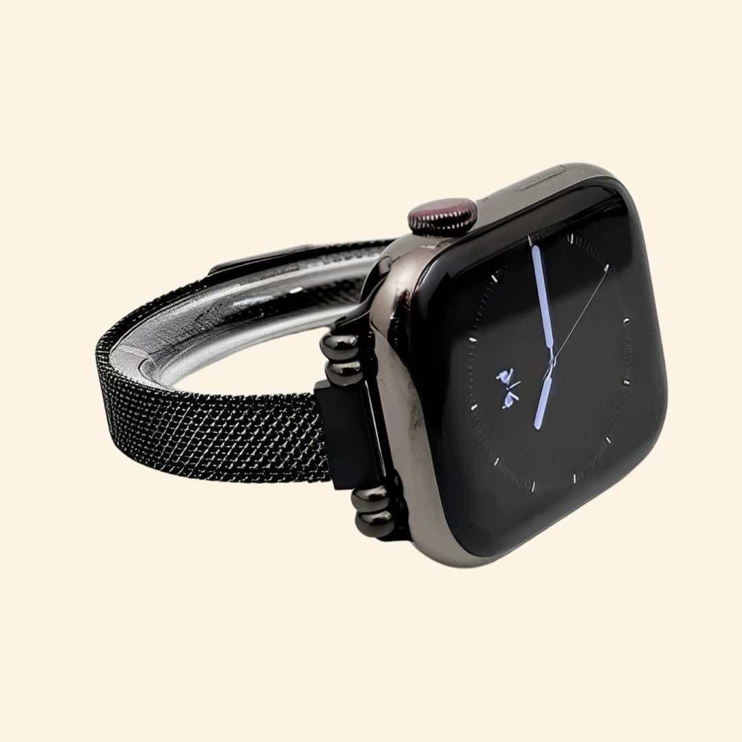 Obsidian Black Milanese Mesh Band with Vintage Lugs for Apple Watch - Carapace StudioWatch BandCarapace StudioCarapace StudioCS-5646-OBS-MIL-1Apple Watch Ultra 3 (49mm)Obsidian Milanese Mesh Band — angled side profile on Apple Watch