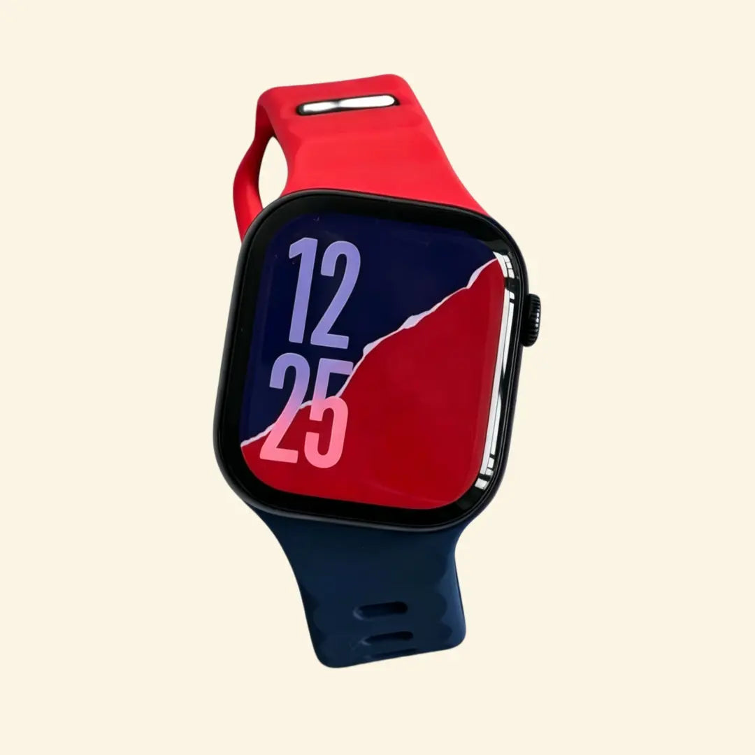 Dual-Tone Ocean Wave Apple Watch Band — front wrist view showing navy and crimson split