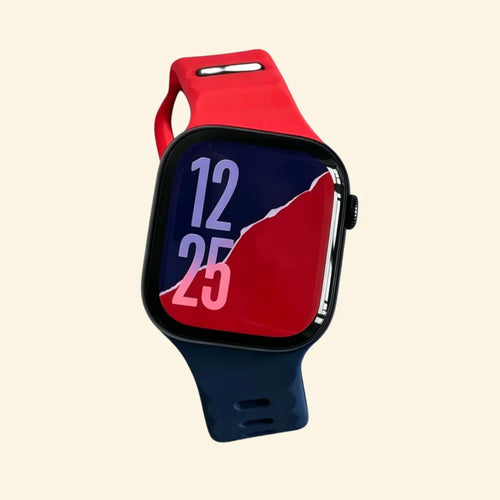 Dual-Tone Ocean Wave Apple Watch Band — front wrist view showing navy and crimson split